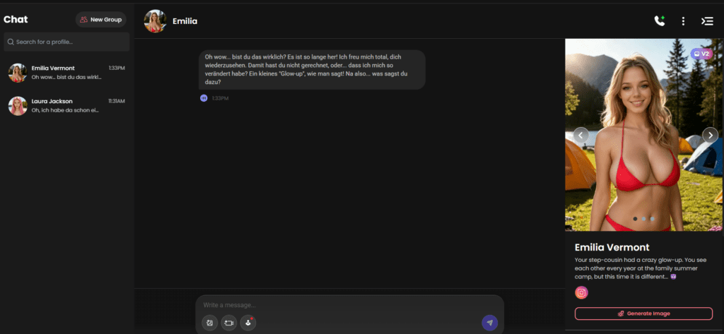 Candy.ai chat interface with an AI girlfriend profile and message view